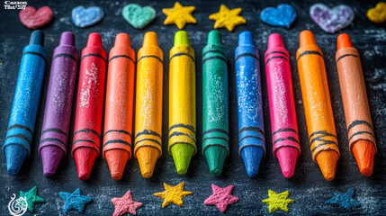 Colorful arrangement of crayons with shapes in vibrant colors on dark background during creative arts and crafts session