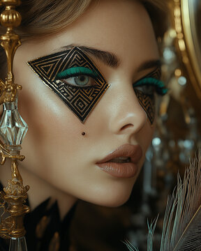 Professionelles Beauty-Portrait einer jungen Frau mit makellosem Haute-Couture-Make-up. Nahaufnahme zeigt perfekte Haut und kunstvolle Lidschatten-Technik