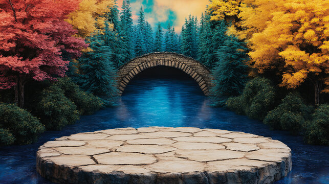 fantasy style depiction of majestic arched bridge surrounded by vibrant autumn trees and serene river. scene evokes sense of tranquility and wonder