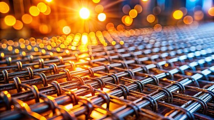 Fototapeta premium Bokeh Effect: Construction Wire Mesh, Industrial Metal Netting, Steel Mesh for Building, Close-up Texture