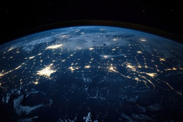 Obraz premium Stunning aerial view of illuminated globe at night showcasing interconnected digital pathways across diverse global locations