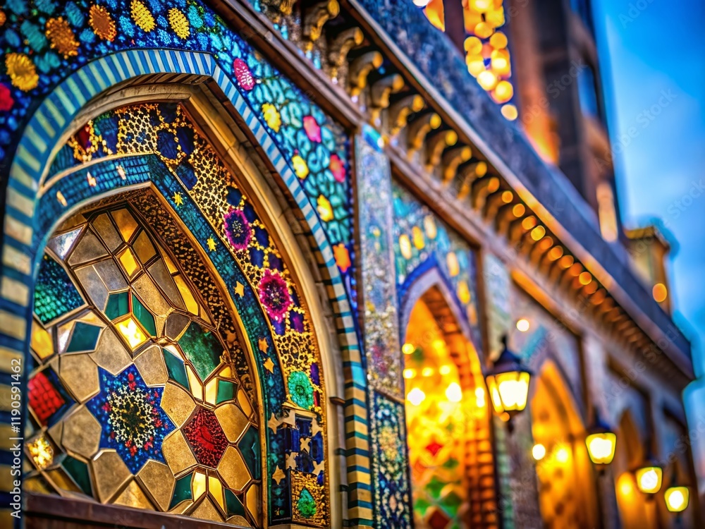 Poster bokeh effect mosaic building detail stock photo: intricate architectural tilework