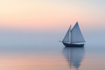Fototapeta premium A serene wooden sailboat gliding across calm waters at dusk, perfect for coastal living and nautical-themed projects
