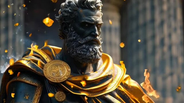 Statue of the Olympic God with a golden element, symbolizing strength, mythology, and ancient legends, reflecting power, grace, and divine influence in a singular and captivating sculpture.