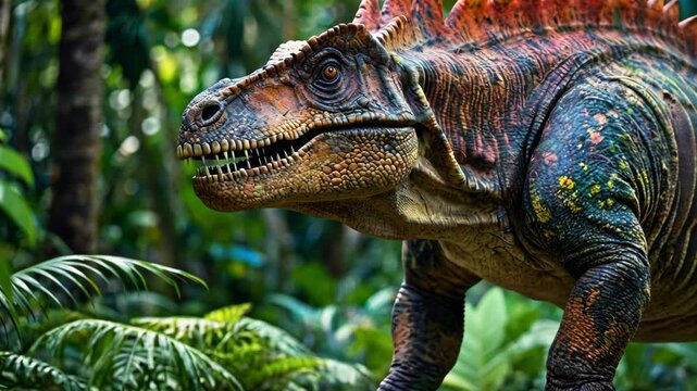 Tyrannosaurus walking through the Jurassic jungle. The Age of Dinosaurs.