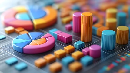Isometric 3D render of a data analysis concept featuring vibrant pie charts, bar graphs, and line charts