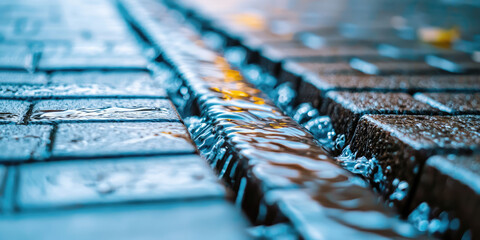 Rain flowing into a storm water sewer system. Water flowing from a wall drain into grate in the pavement. Stormwater street drain. 