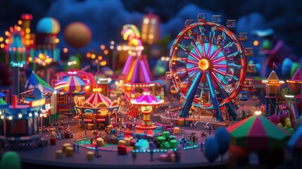 Nighttime amusement park with Ferris wheel, rides, and colorful lights.