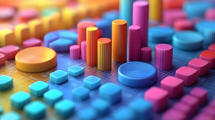 Isometric 3D render of a creative data analysis setup with interactive graphs and pie charts