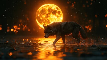 Wolf walking in water under fiery moon.
