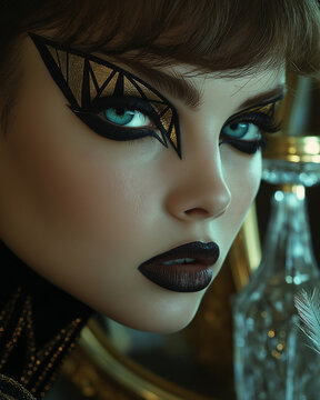 Professionelles Beauty-Portrait einer jungen Frau mit makellosem Haute-Couture-Make-up. Nahaufnahme zeigt perfekte Haut und kunstvolle Lidschatten-Technik