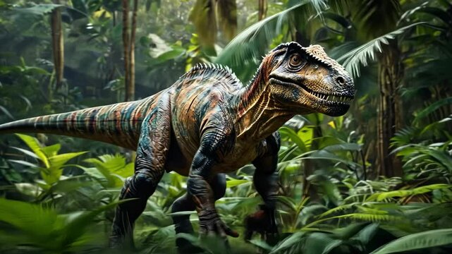 Tyrannosaurus walking through the Jurassic jungle. The Age of Dinosaurs.