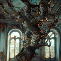 Surreal juxtaposition of nature and architecture, where a colossal, moss-covered tree bursts through the ornate ceiling of a grand, gilded ballroom.