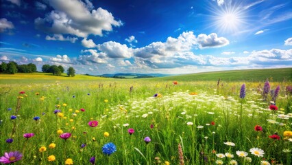 Obraz premium A lush green grass field with a few wildflowers in the foreground and a blue sky above, outdoor scenery, nature scene