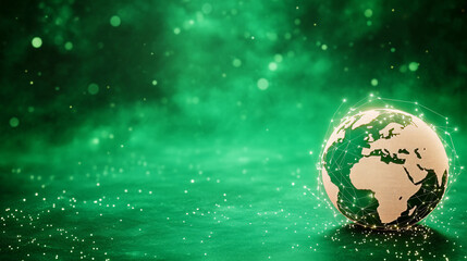 glowing globe with network of connections on green background, symbolizing global connectivity and technology. serene atmosphere enhances sense of innovation and unity