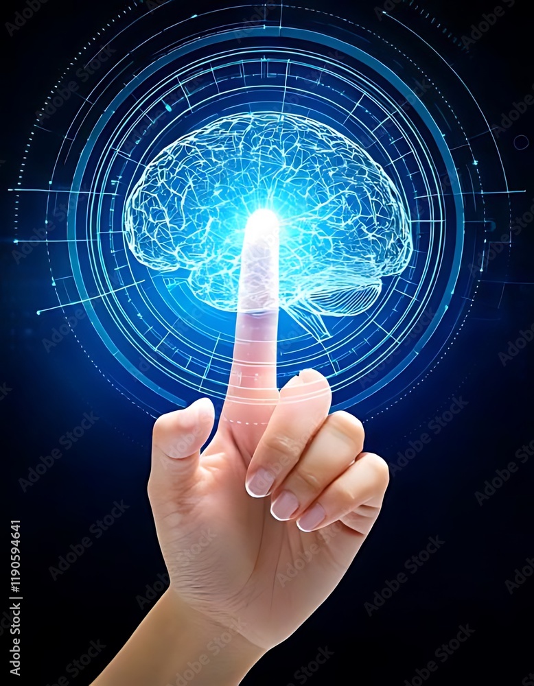 Poster a finger interacts with a digital interface displaying a brain graphic