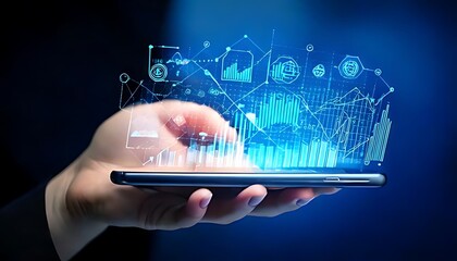 A hand holds a smartphone with floating business analytics graphic overlays