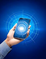 A man holds a futuristic virtual phone with augmented reality, isolated on blue