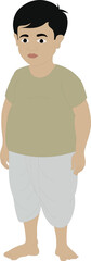 Indian boy kid character. Traditional dressed Indian young boy with flat expression. The physique portrays a boy aging from 10 to 13 years. The boy is standing tall on a flat surface with bare feet. 