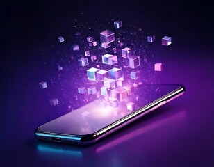 A smartphone emits floating cubes, representing digital data in a purple space
