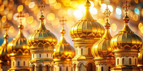 Obraz premium Golden Church Domes, Close-up Bokeh Photography: Architectural Detail & Religious Symbolism