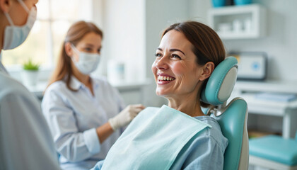 Smiling patient in a dental chair with a cheerful mood during a treatment in a clinic background