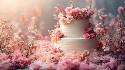 Stylized wedding cake with intricate floral detailing and a pastel gradient backdrop creating a dreamy and elegant wedding theme