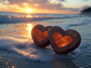 Fototapeta premium Sunset beach scene with two wooden hearts.