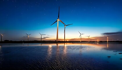 Firefly Wind turbines with light reflections by water at night under cool sky. 19248(1)