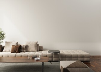 Wall Mockup Mid Century Modern Living Room with Neutral Beige Sofa Wooden Coffee Table 