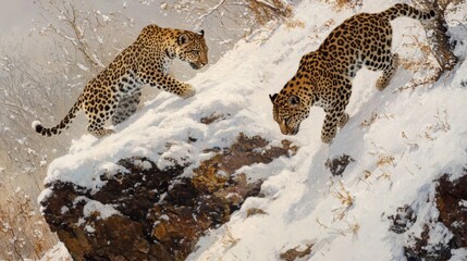 A pair of Amur leopards climbing a rocky outcrop surrounded by snow