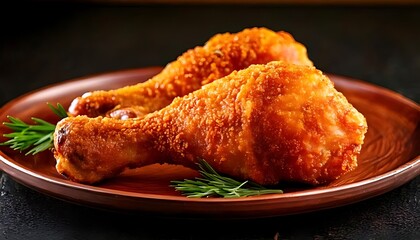 fried chicken drumsticks with rosemary on dark plate with blurred bowl.