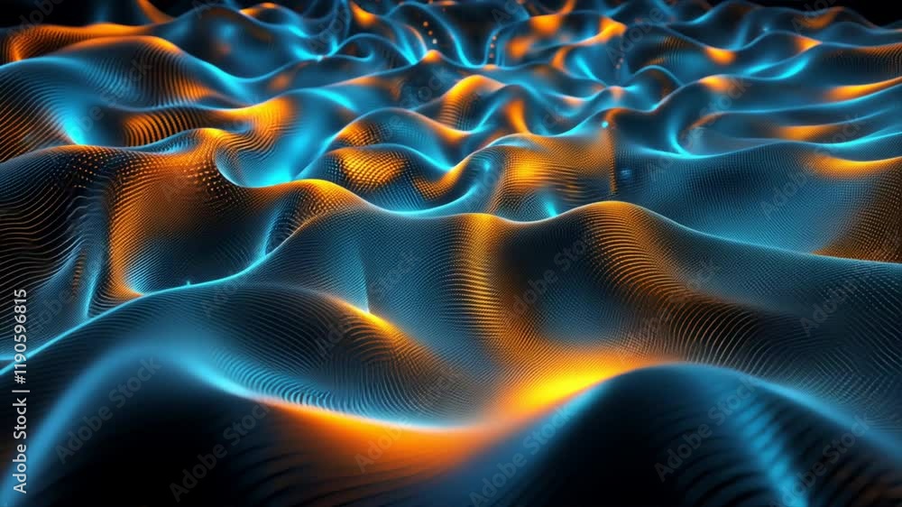 Poster dynamic abstract waves of blue and orange light create mesmerizing digital pattern, evoking fluid mo