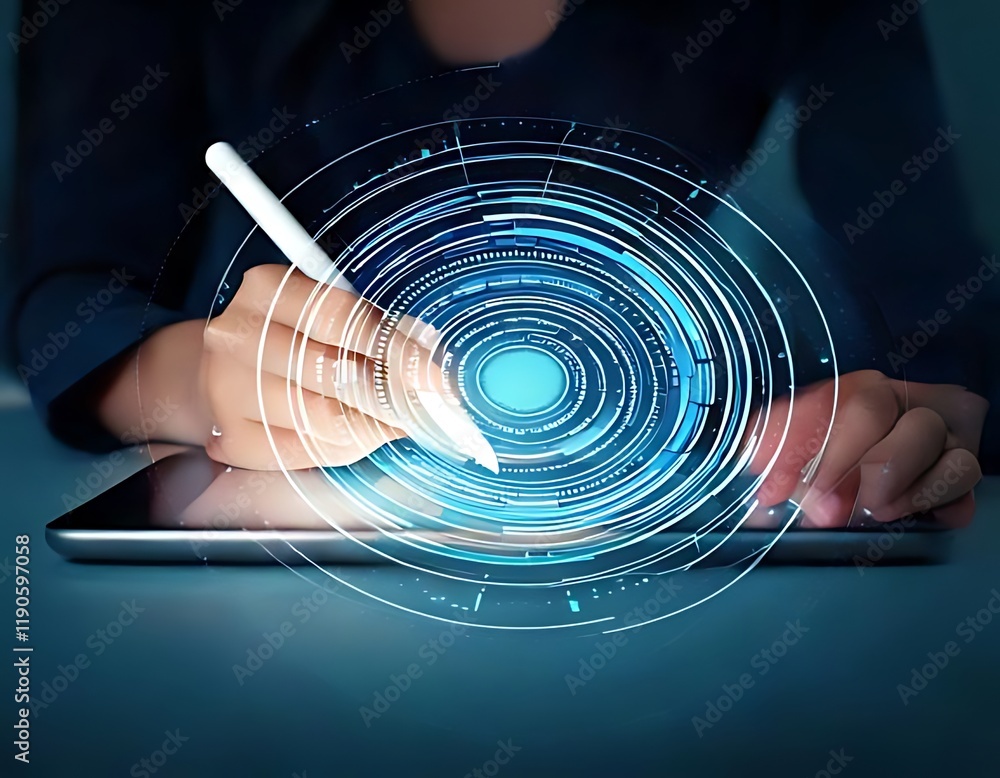 Aufkleber hands use a stylus on a tablet with a circular digital overlay.