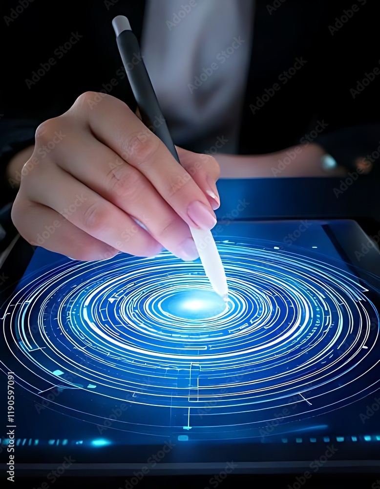Poster hands use a stylus on a tablet with a circular digital overlay.