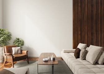 Wall Mockup Mid Century Modern Living Room with Neutral Beige Sofa Leather Armchair Wooden Coffee Table and Decorative Wall Paneling