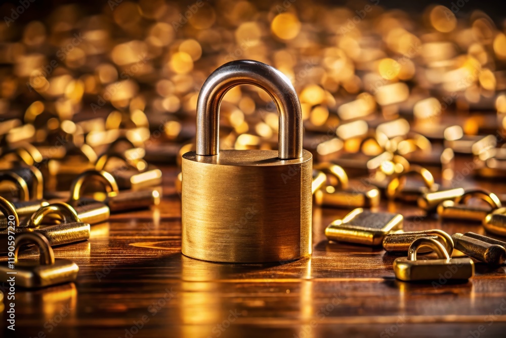 Poster golden padlock security concept: close-up of a gleaming golden padlock with blurred background of ot