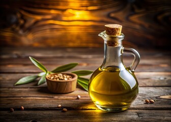 Golden Olive Oil Bottle on Rustic Wooden Table - Copy Space