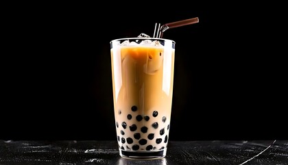 Iced boba tea with tapioca pearls and straw on a dark background.