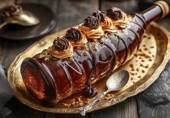 Exquisite Chocolate Decorated Bottle on Decorative Tray with Whipped Cream Roses, Elegant Setting for Gourmet Dessert Presentation and Celebration Treats