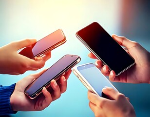 Multiple hands hold various smartphones, together, representing modern mobile connectivity usage.