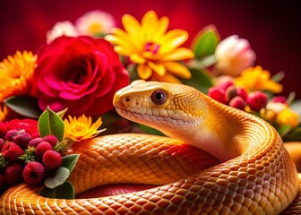 Fototapeta premium Golden Snake & Vibrant Flowers: Prosperity & Good Fortune - Stock Photo