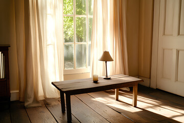 Fototapeta premium Minimalist Living Room with Vintage Lamp and Candle Holder on Wooden Table 