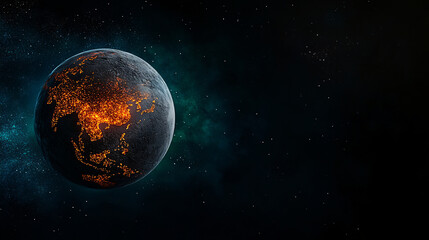 Obraz premium stunning view of dark planet illuminated by glowing cities, showcasing Asia vibrant lights against cosmic backdrop. scene evokes sense of wonder and exploration