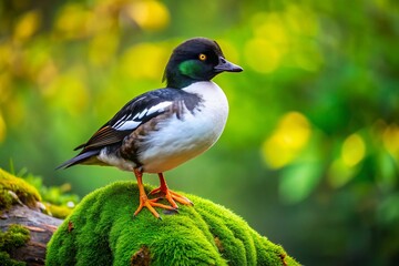 Goldeneye Bird on Mossy Rock in Lush Forest - Vibrant Wildlife Photography