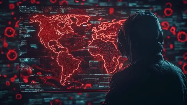 World map with highlighted areas showing global threats and cybersecurity attacks