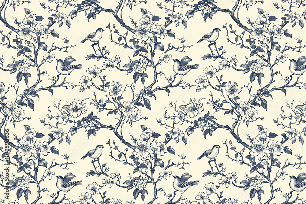 Poster floral toile tapestry pattern. vintage japanese botanical wallpaper pattern. background image. creat