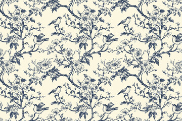 Floral Toile tapestry pattern. Vintage Japanese botanical wallpaper pattern. Background image. Created with Generative AI technology