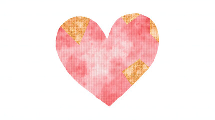 Watercolor artwork of a pink heart featuring intricate patchwork textures, blending soft shades of pink with accents of gold.
