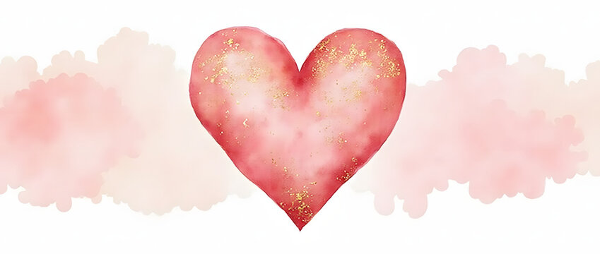 Watercolor artwork of a pink heart featuring intricate patchwork textures, blending soft shades of pink with accents of gold.